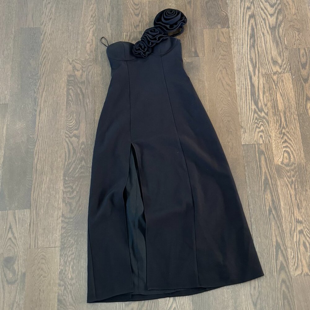 The Wolf Gang Black One Shoulder Rosette Midi Dress | Size S
